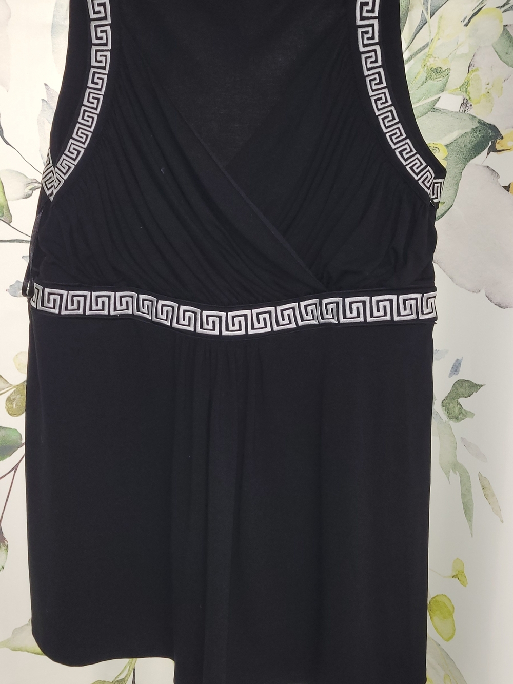 White House Black Market Black Sleeveless Dress Top with White Greek Key Trim